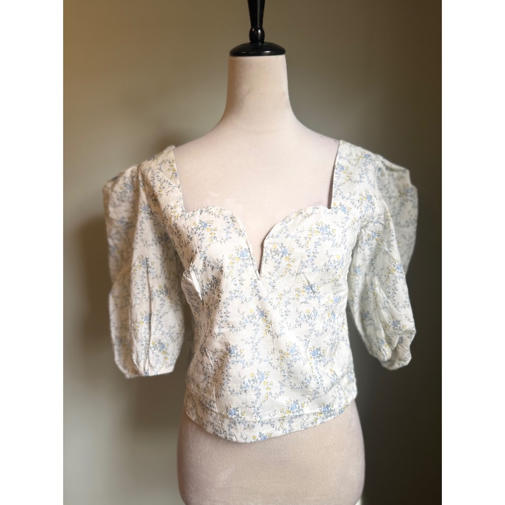 VICI Floral Puff Sleeve Smocked boho cottage core Y2K blue green Crop Top Large